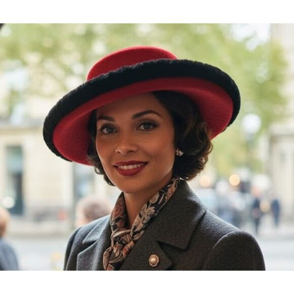 Kathy Jeanne Vintage Hat Brown 100% Wool Red Black Fur Trim Womens Made In USA - Picture 1 of 6
